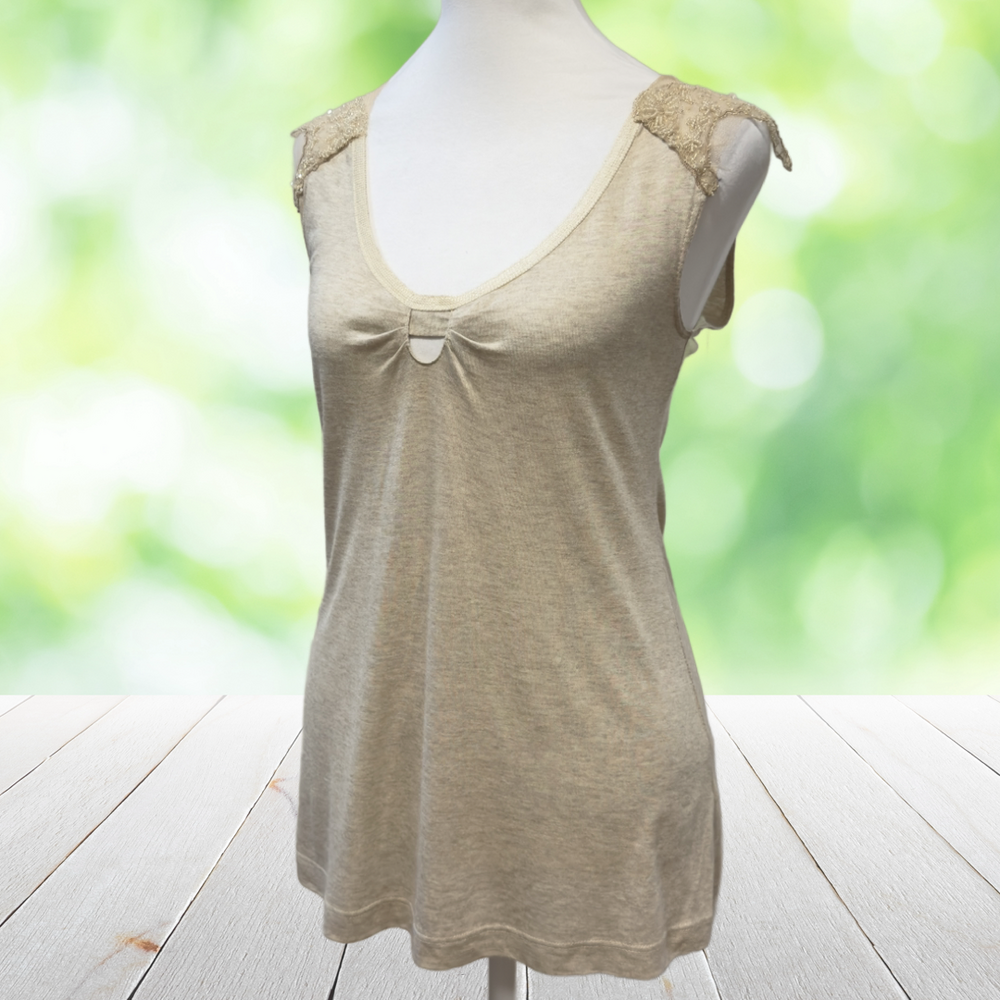 LEFT OF CENTER Anthropologie Beaded Lace Top Romantic Boho Beige Made USA Size S